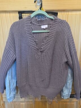 Pink Lily Taupe Distressed V-Neck Chunky Knit Sweater